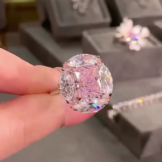 Radiant Cut Fancy Pink Art Deco Engagement Ring in 925 Sterling Silver