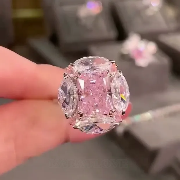 Radiant Cut Fancy Pink Art Deco Engagement Ring in 925 Sterling Silver