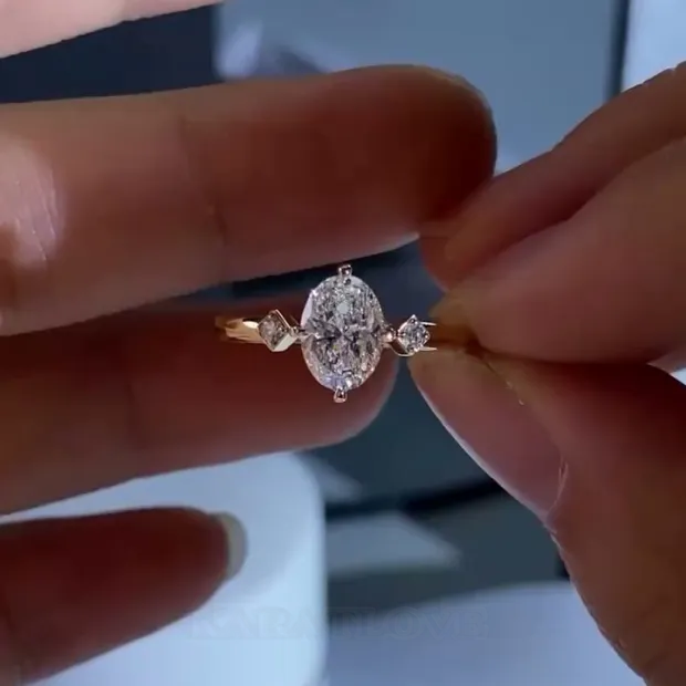 Oval Cut Diamond White Yellow Gold 925 Sterling Silver 3-Stone Engagement Ring