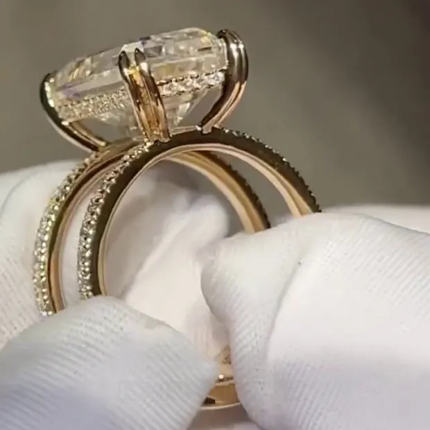 Emerald Cut Diamond White Yellow Gold 925 Sterling Silver Hidden Halo Engagement Ring