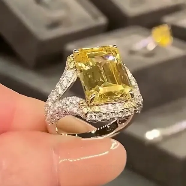 Emerald Cut Citrine Yellow Art Deco 925 Sterling Silver Engagement Ring