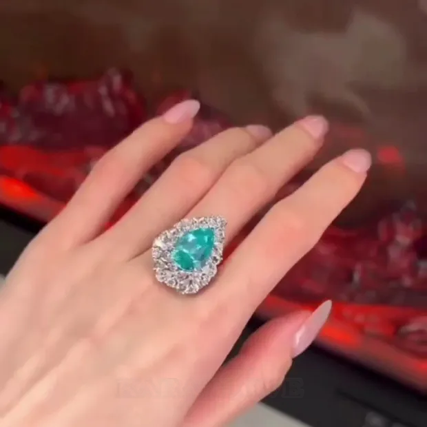 Pear Cut Aquamarine Blue Halo 925 Sterling Silver Engagement Ring