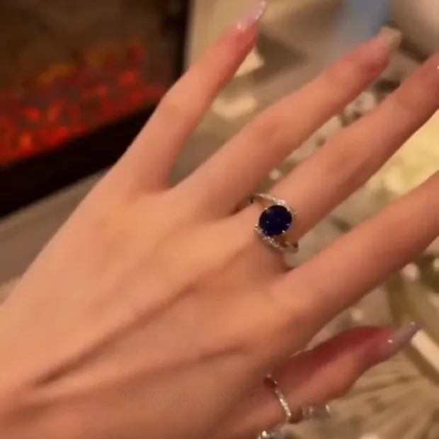 Oval Cut Sapphire Blue Art Deco 925 Sterling Silver Engagement Ring