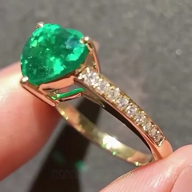Heart Cut Emerald Green Yellow Gold 925 Sterling Silver Engagement Ring