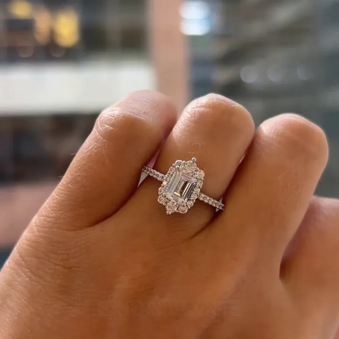 Emerald Cut Diamond White Halo 925 Sterling Silver Engagement Ring Emerald Cut Diamond White Halo 925 Sterling Silver Engagement Ring