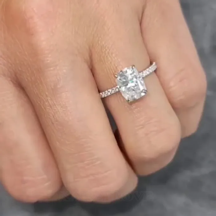 Cushion Cut Diamond White 925 Sterling Silver Hidden Halo Engagement Ring