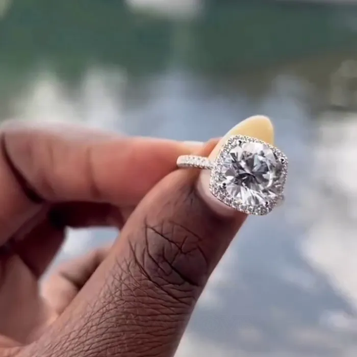 Round Cut Diamond White 925 Sterling Silver Halo Engagement Ring