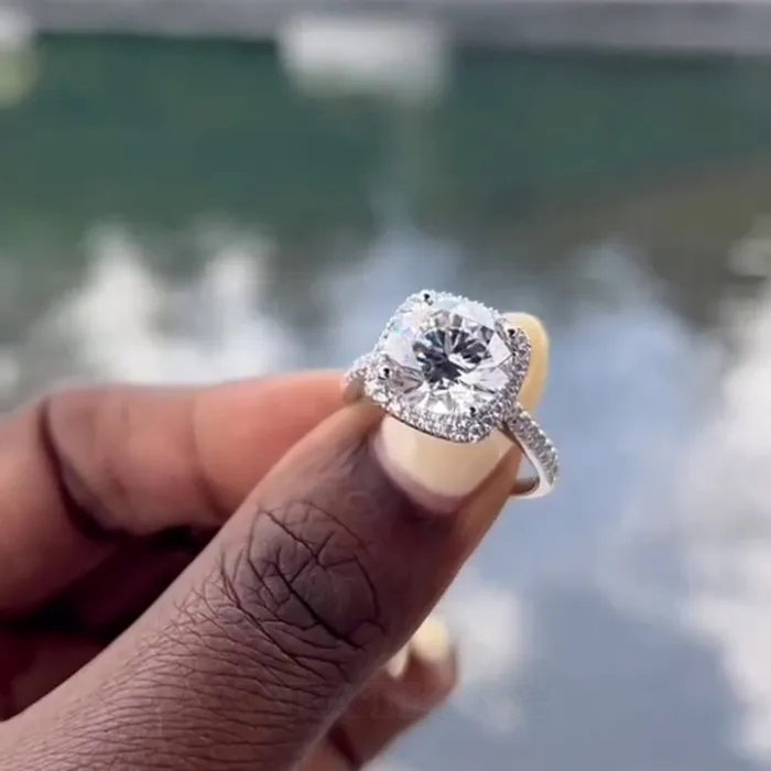 Round Cut Diamond White 925 Sterling Silver Halo Engagement Ring