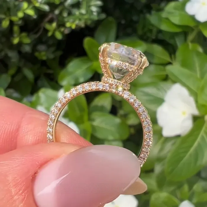 Round Cut Diamond White 925 Sterling Silver Yellow Gold Hidden Halo Engagement Ring