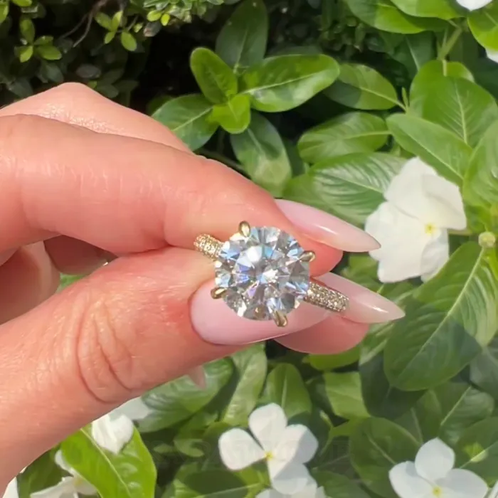 Round Cut Diamond White 925 Sterling Silver Yellow Gold Hidden Halo Engagement Ring