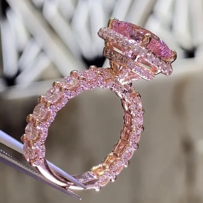 Radiant Cut Fancy Pink Halo 925 Sterling Silver Rose Gold Engagement Ring