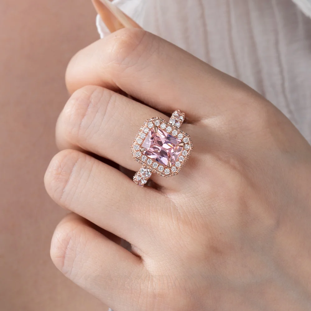 Radiant Cut Fancy Pink Halo 925 Sterling Silver Rose Gold Engagement Ring