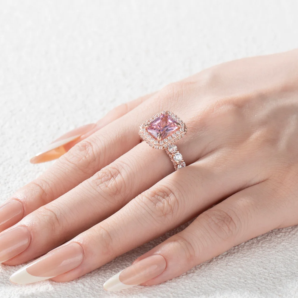 Radiant Cut Fancy Pink Halo 925 Sterling Silver Rose Gold Engagement Ring