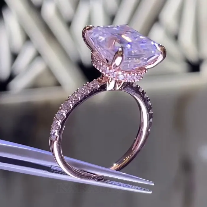 Emerald Cut Diamond White Hidden Halo 925 Sterling Silver Rose Gold Engagement Ring