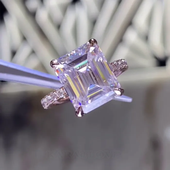 Emerald Cut Diamond White Hidden Halo 925 Sterling Silver Rose Gold Engagement Ring