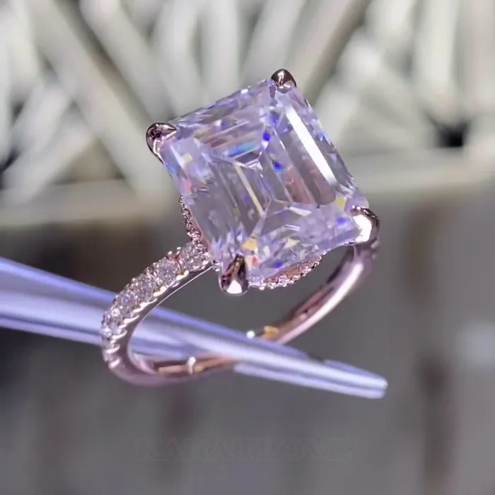 Emerald Cut Diamond White Hidden Halo 925 Sterling Silver Rose Gold Engagement Ring