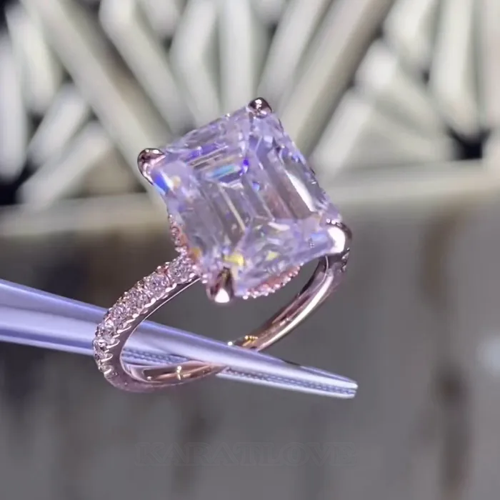 Emerald Cut Diamond White Hidden Halo 925 Sterling Silver Rose Gold Engagement Ring