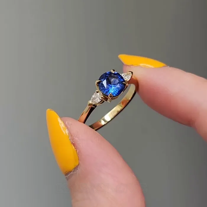 Round Cut Sapphire Blue 925 Sterling Silver Yellow Gold 3-Stone Engagement Ring