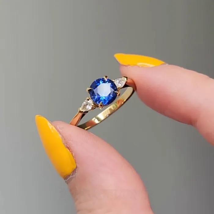 Round Cut Sapphire Blue 925 Sterling Silver Yellow Gold 3-Stone Engagement Ring