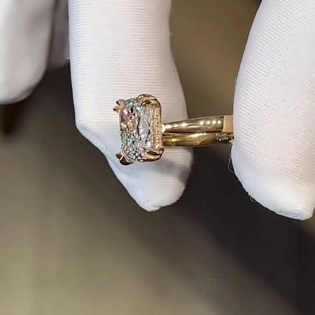 Radiant Cut Diamond White Hidden Halo 925 Sterling Silver Yellow Gold Engagement Ring