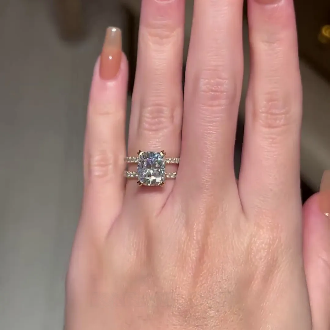 Radiant Cut Diamond White Hidden Halo 925 Sterling Silver Yellow Gold Engagement Ring Radiant Cut Diamond White Hidden Halo 925 Sterling Silver Yellow Gold Engagement Ring