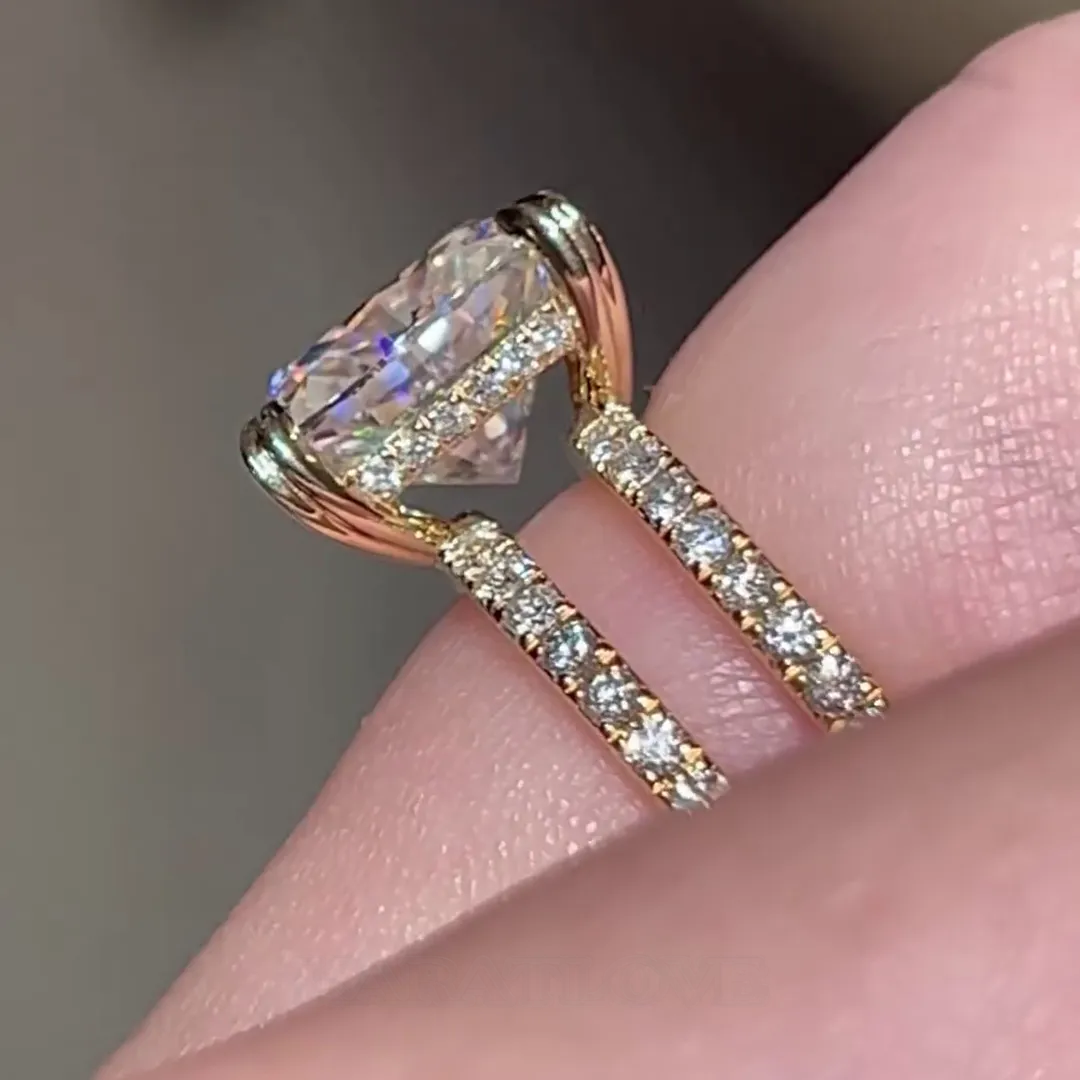 Radiant Cut Diamond White Hidden Halo 925 Sterling Silver Yellow Gold Engagement Ring