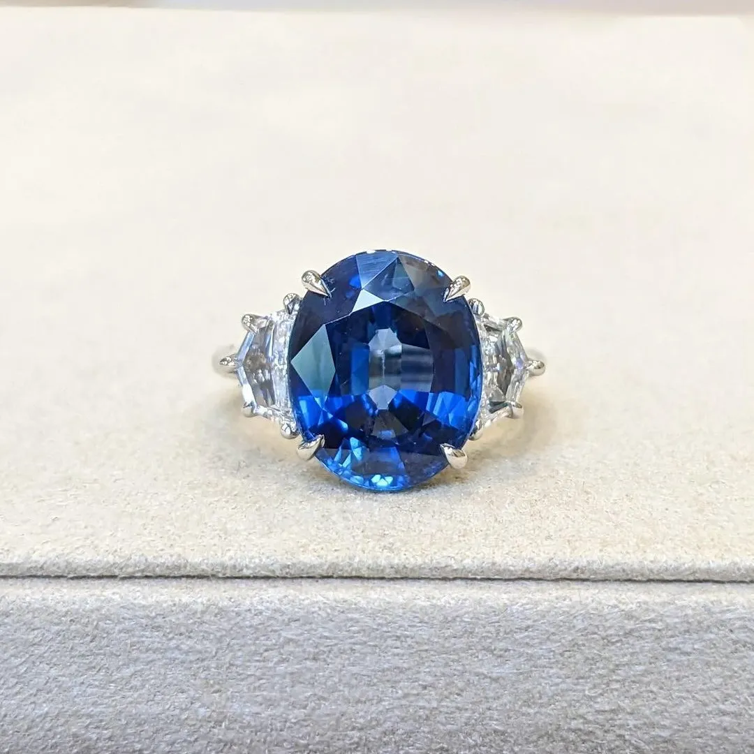 Oval Cut Sapphire Blue 3-Stone 925 Sterling Silver Engagement Ring