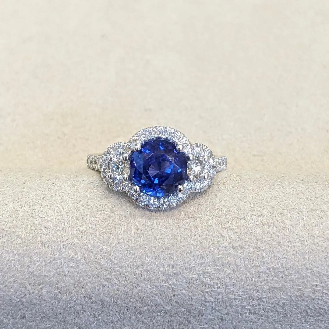 Round Cut Sapphire Blue Halo 925 Sterling Silver Engagement Ring