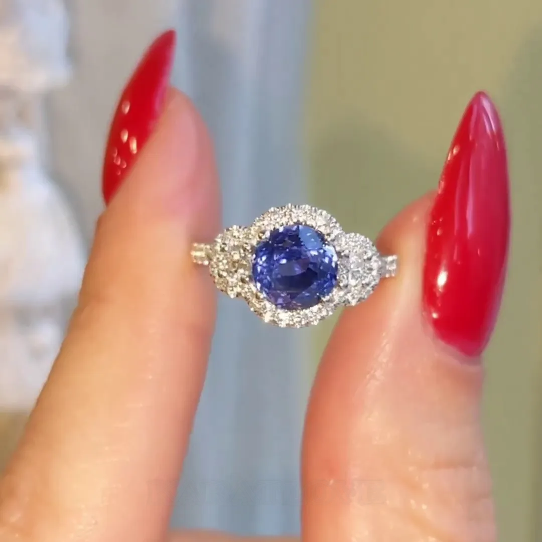 Round Cut Sapphire Blue Halo 925 Sterling Silver Engagement Ring