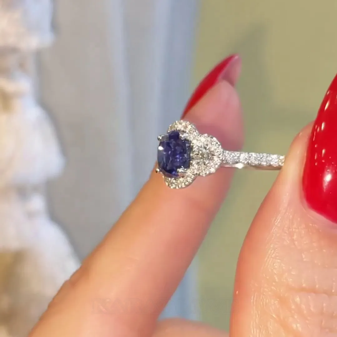 Round Cut Sapphire Blue Halo 925 Sterling Silver Engagement Ring