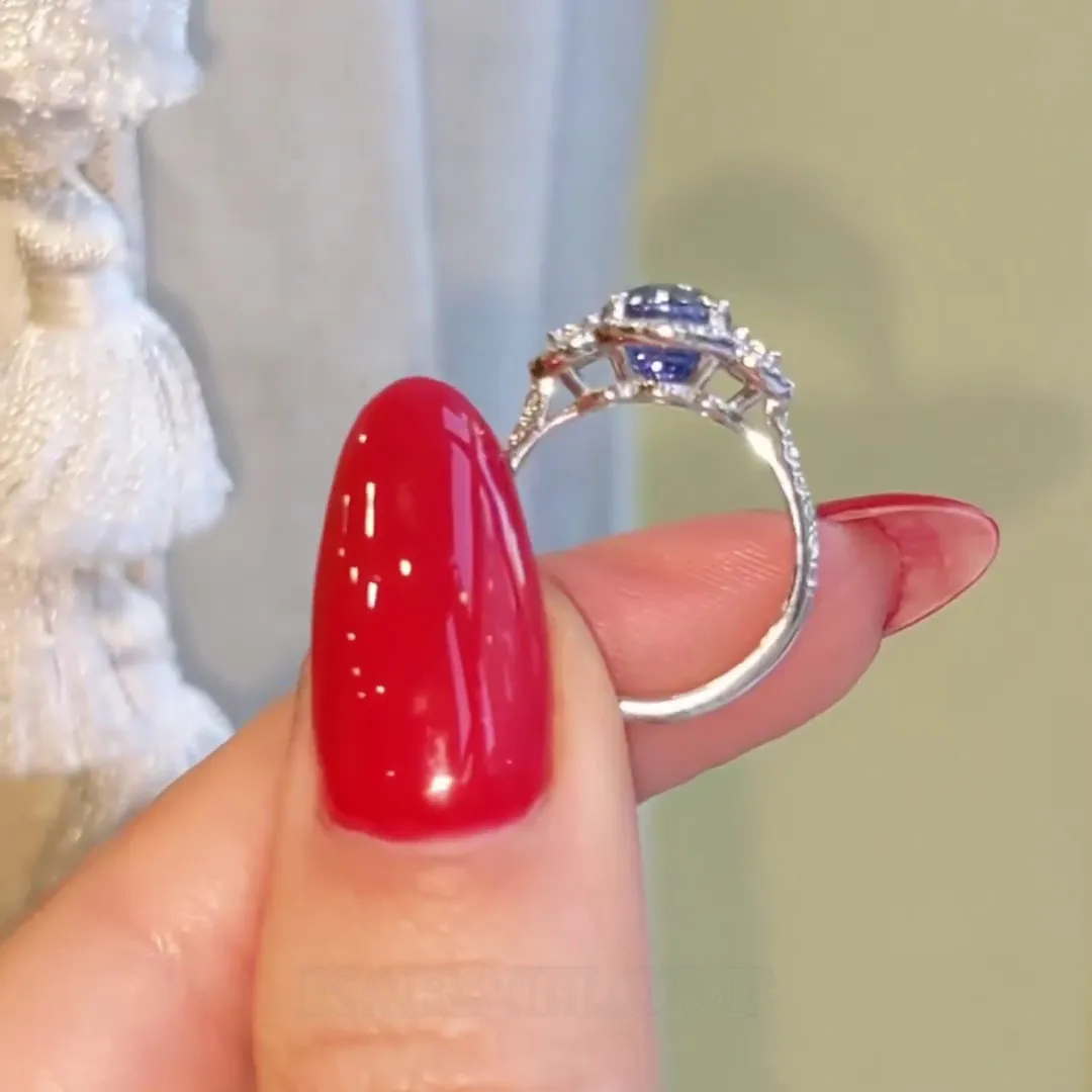 Round Cut Sapphire Blue Halo 925 Sterling Silver Engagement Ring