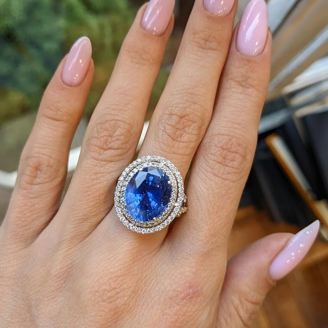 Oval Cut Sapphire Blue Double Halo 925 Sterling Silver Engagement Ring