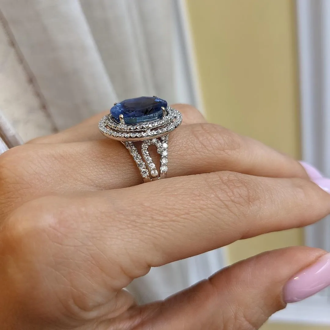 Oval Cut Sapphire Blue Double Halo 925 Sterling Silver Engagement Ring