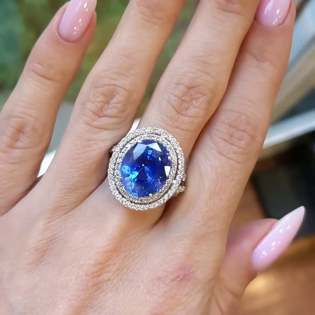 Oval Cut Sapphire Blue Double Halo 925 Sterling Silver Engagement Ring