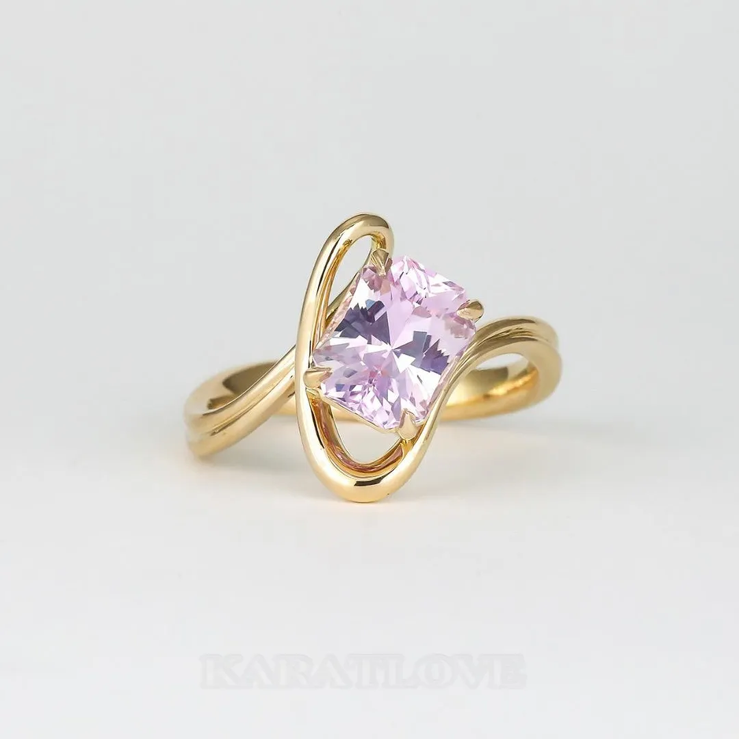 Radiant Cut Fancy Pink Art Deco Solitaire 925 Sterling Silver Yellow Gold Engagement Ring