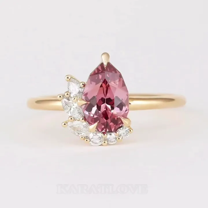 Pear Cut Garnet Red Art Deco 925 Sterling Silver Yellow Gold Engagement Ring