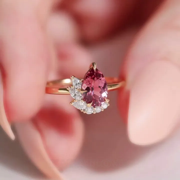 Pear Cut Garnet Red Art Deco 925 Sterling Silver Yellow Gold Engagement Ring