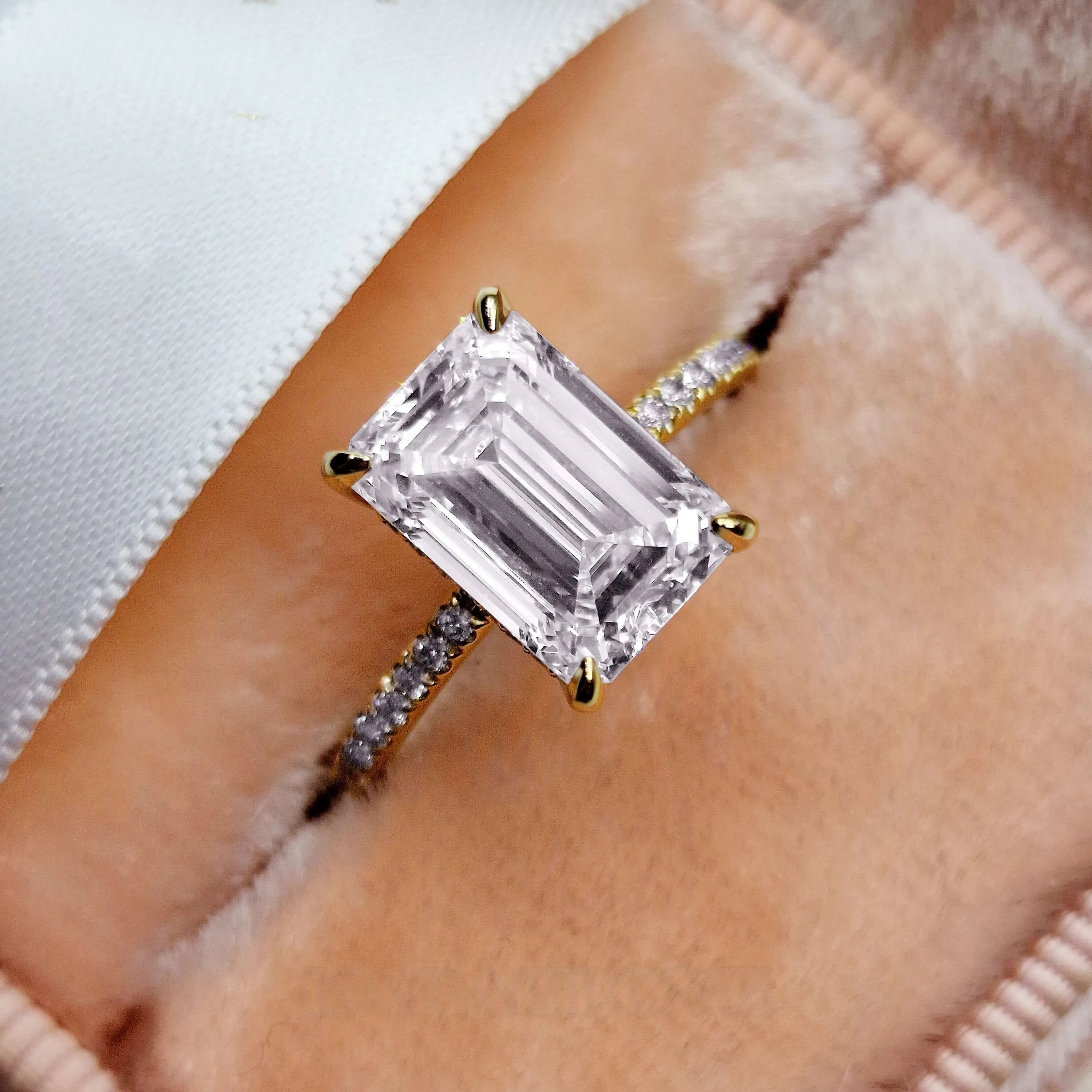 Emerald Cut Diamond White 925 Sterling Silver Yellow Gold Hidden Halo Engagement Ring