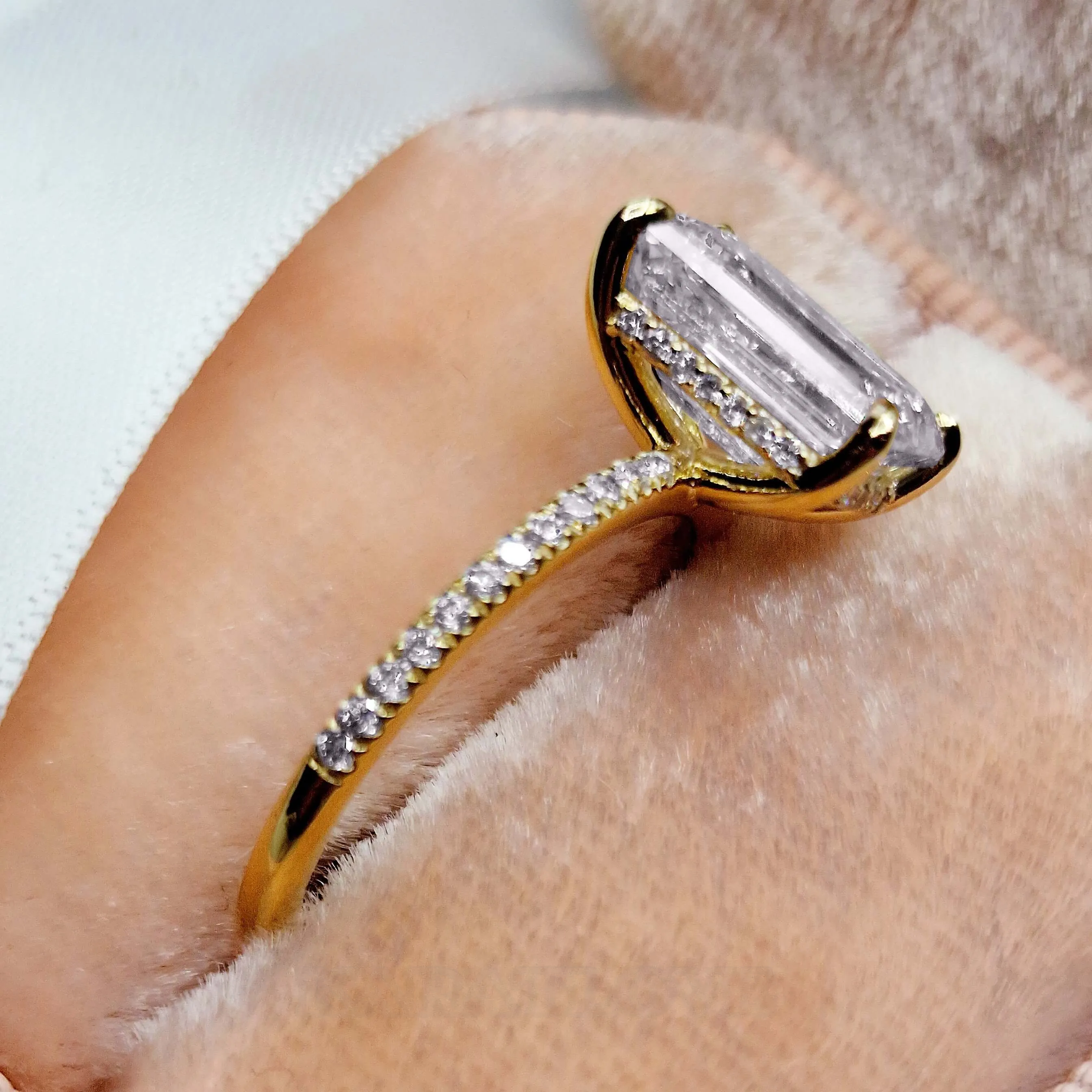 Emerald Cut Diamond White 925 Sterling Silver Yellow Gold Hidden Halo Engagement Ring