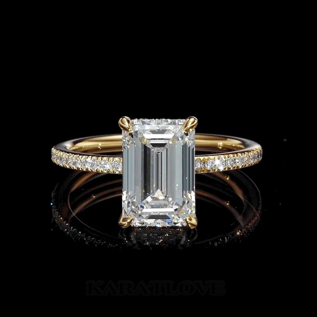 Emerald Cut Diamond White 925 Sterling Silver Yellow Gold Hidden Halo Engagement Ring