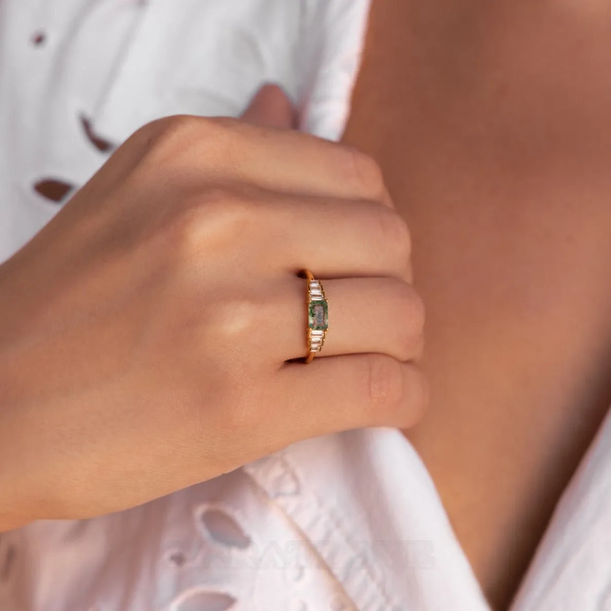 Radiant Cut Peridot Green Agate 925 Sterling Silver Yellow Gold Minimalist Engagement Ring