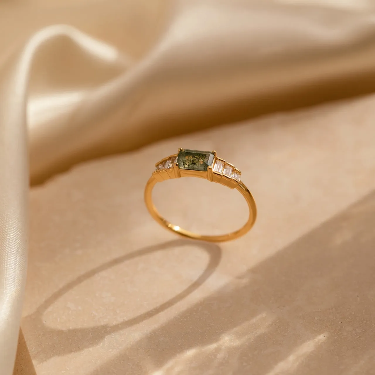 Radiant Cut Peridot Green Agate 925 Sterling Silver Yellow Gold Minimalist Engagement Ring