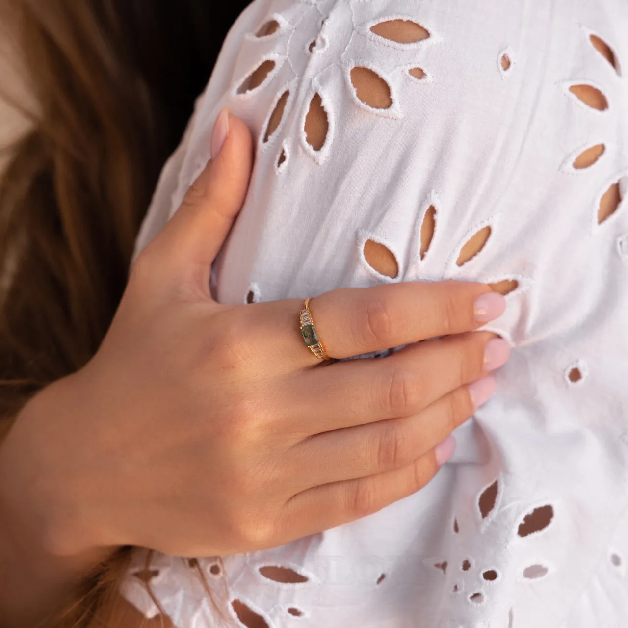 Radiant Cut Peridot Green Agate 925 Sterling Silver Yellow Gold Minimalist Engagement Ring