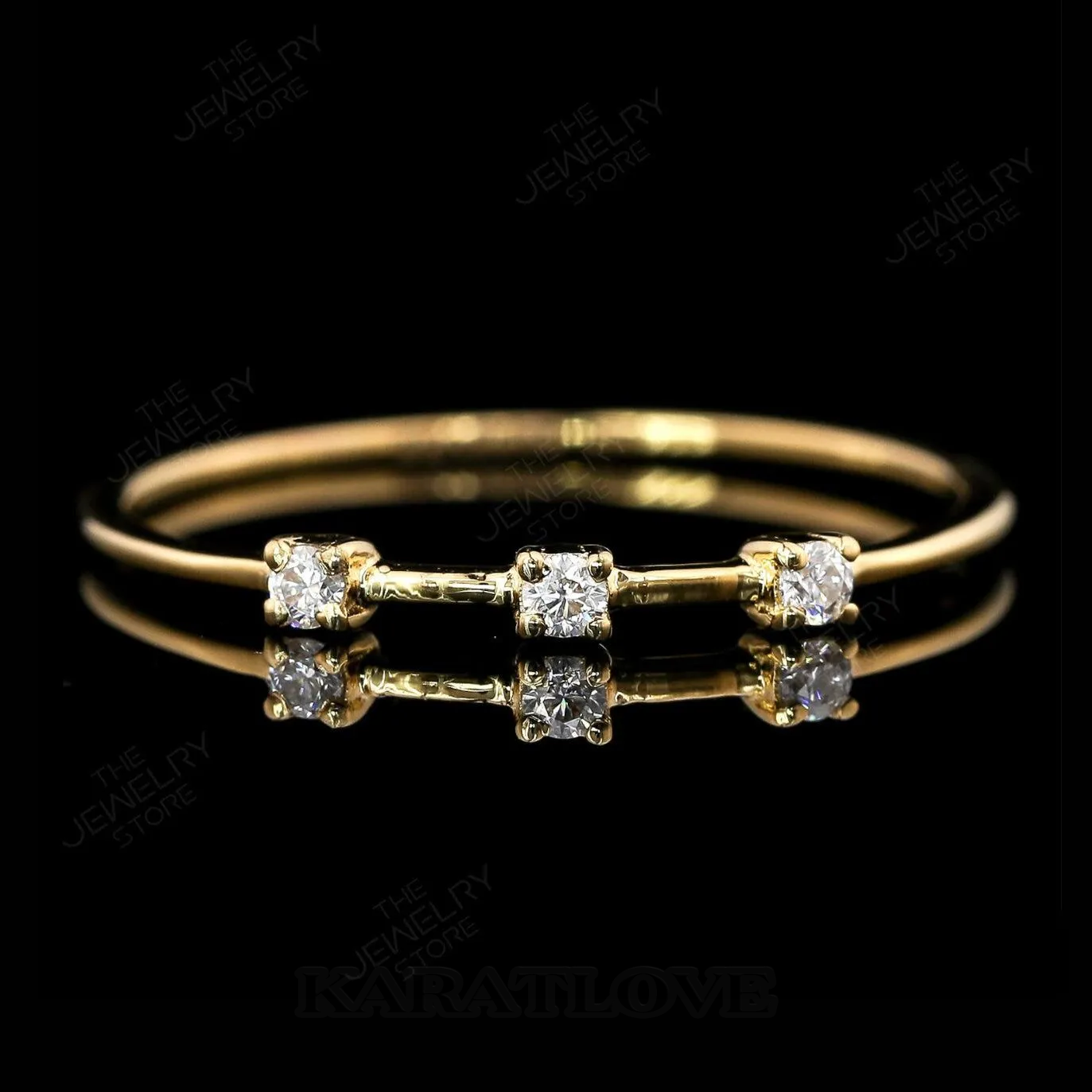 Round Cut Diamond White 925 Sterling Silver Yellow Gold 3-Stone Minimalist Stackable Ring