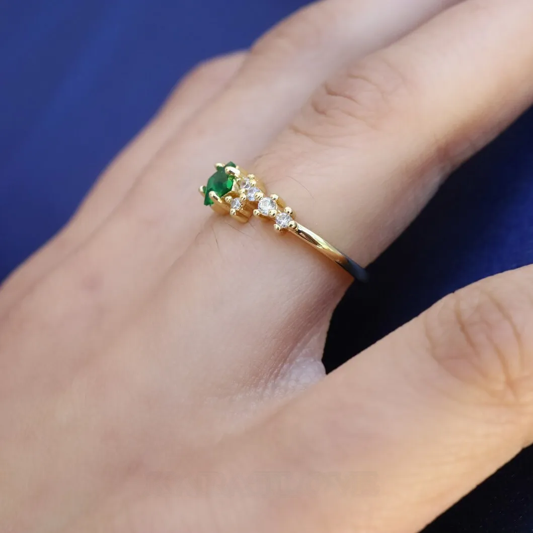 Princess Cut Emerald Green 925 Sterling Silver Yellow Gold Stackable Minimalist Engagement Ring