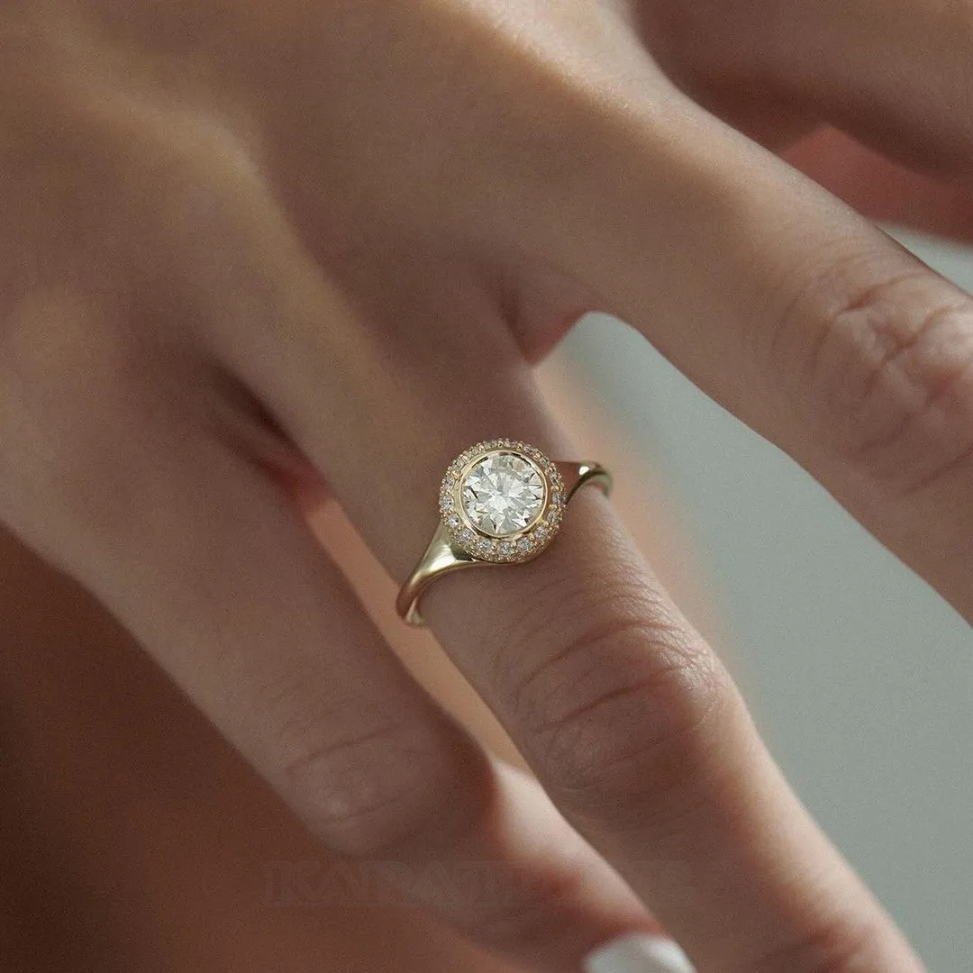 Round Cut Diamond White 925 Sterling Silver Yellow Gold Halo Engagement Ring