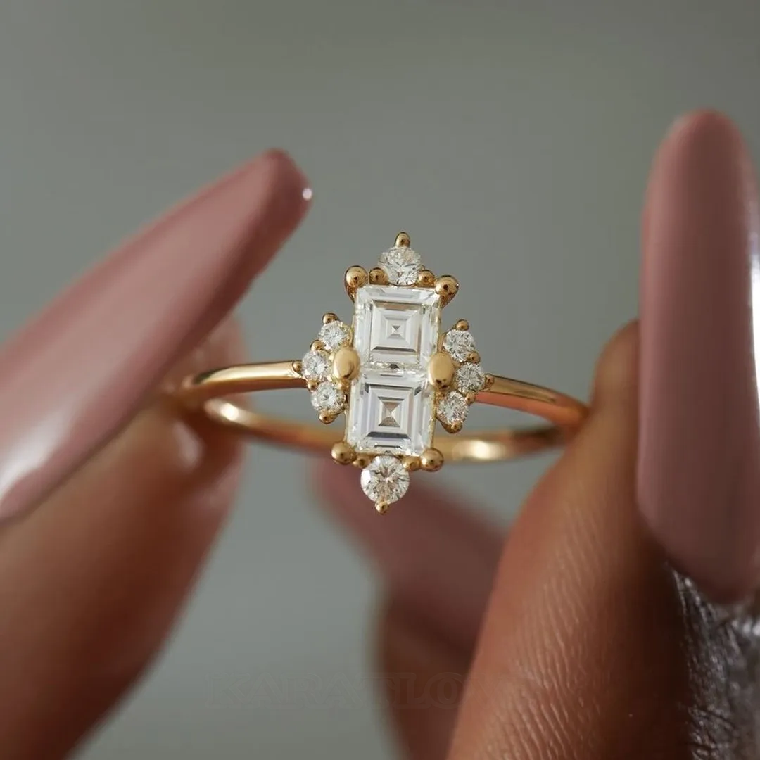 Asscher Cut Diamond White 925 Sterling Silver Yellow Gold Art Deco Engagement Ring
