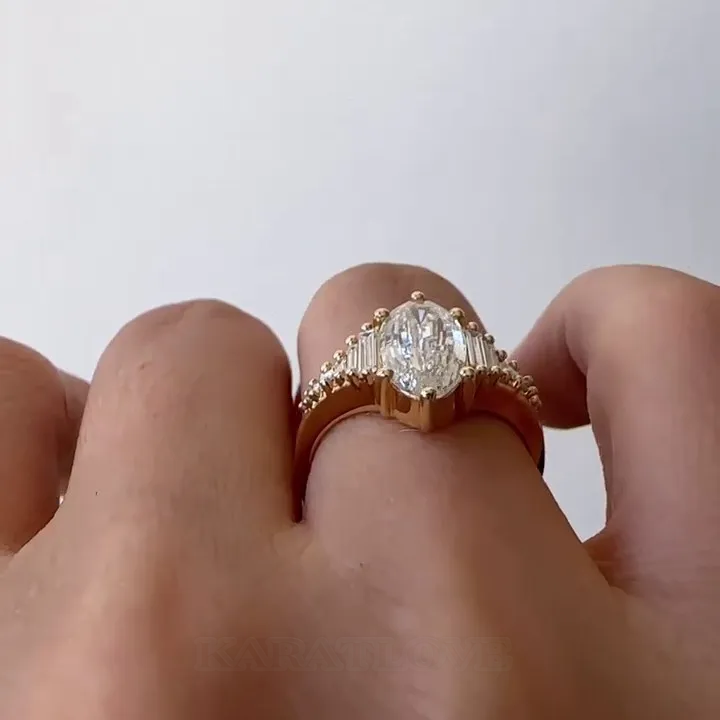 Oval Cut Diamond White 925 Sterling Silver Yellow Gold Art Deco Engagement Ring