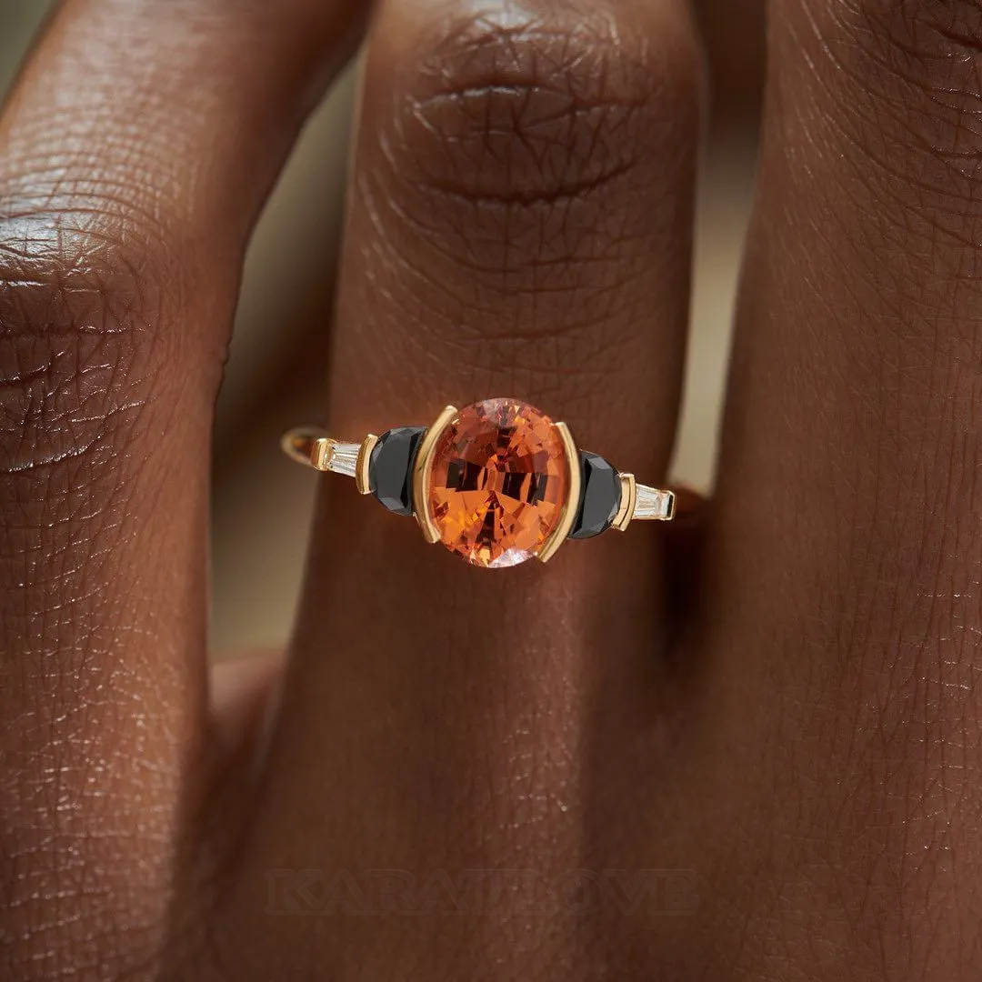 Oval Cut Orange Sapphire 925 Sterling Silver Yellow Gold 3-Stone Engagement Ring