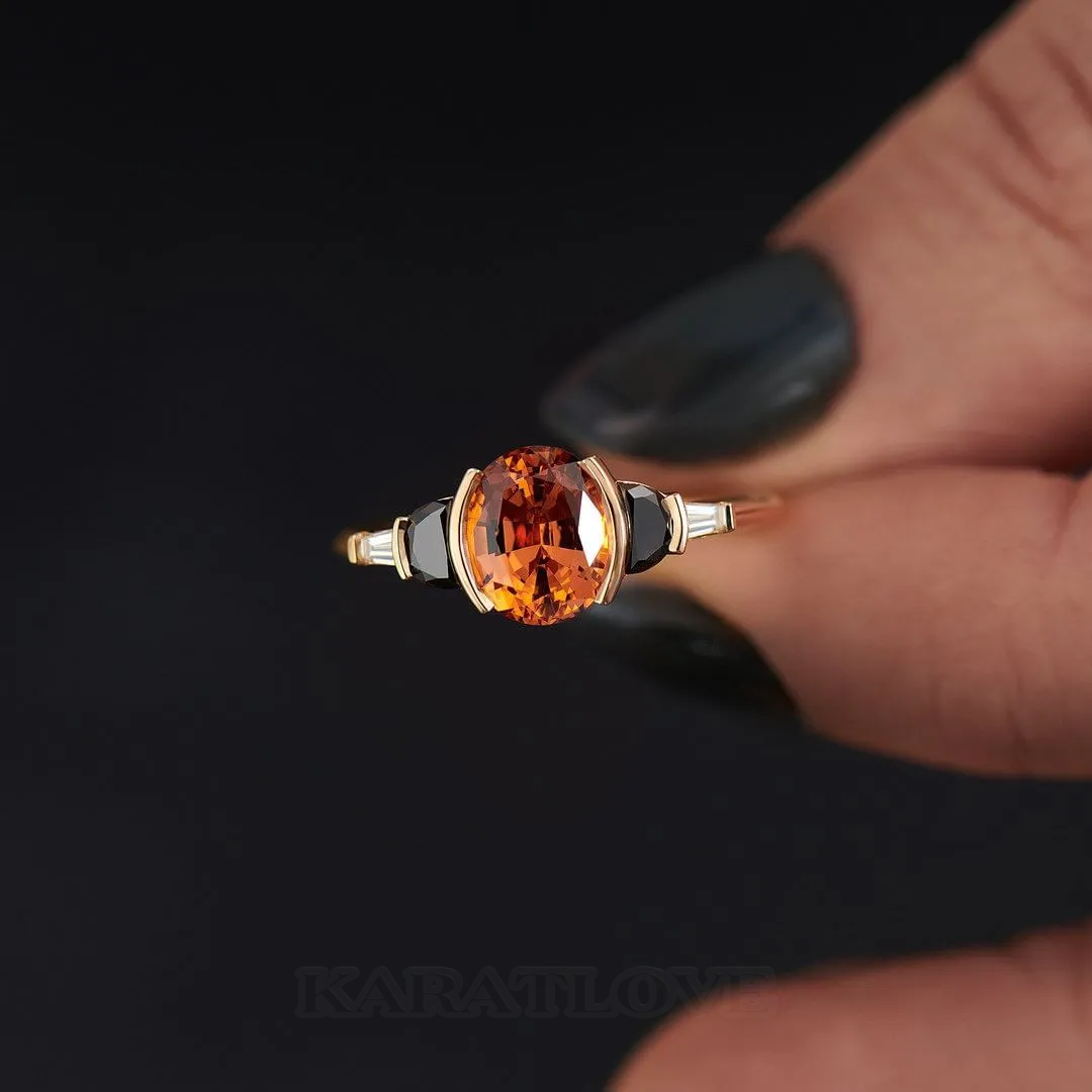 Oval Cut Orange Sapphire 925 Sterling Silver Yellow Gold 3-Stone Engagement Ring